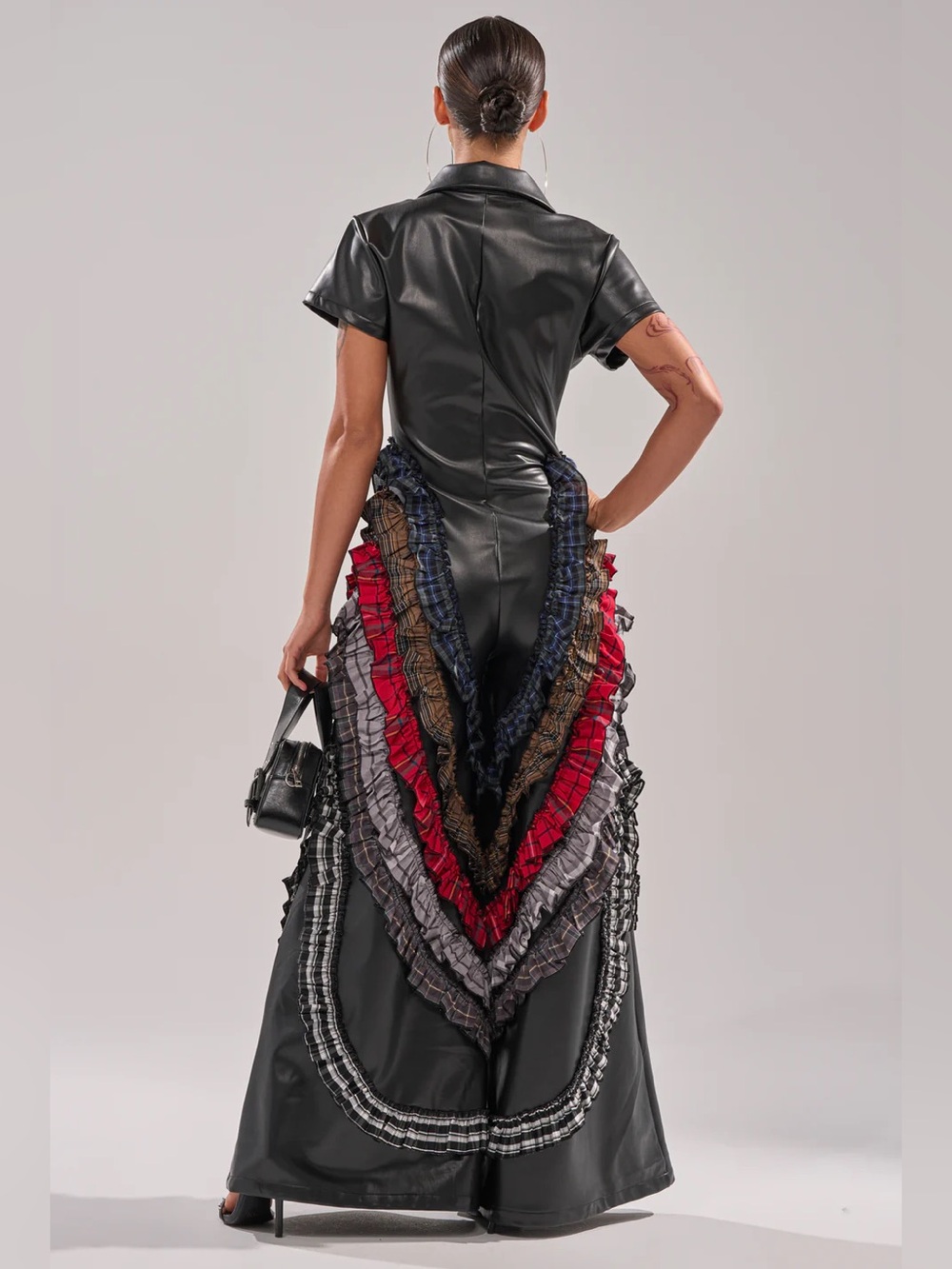 Black Faux Leather Maxi Dress with Ruffle Panels - Picture 6 of 7